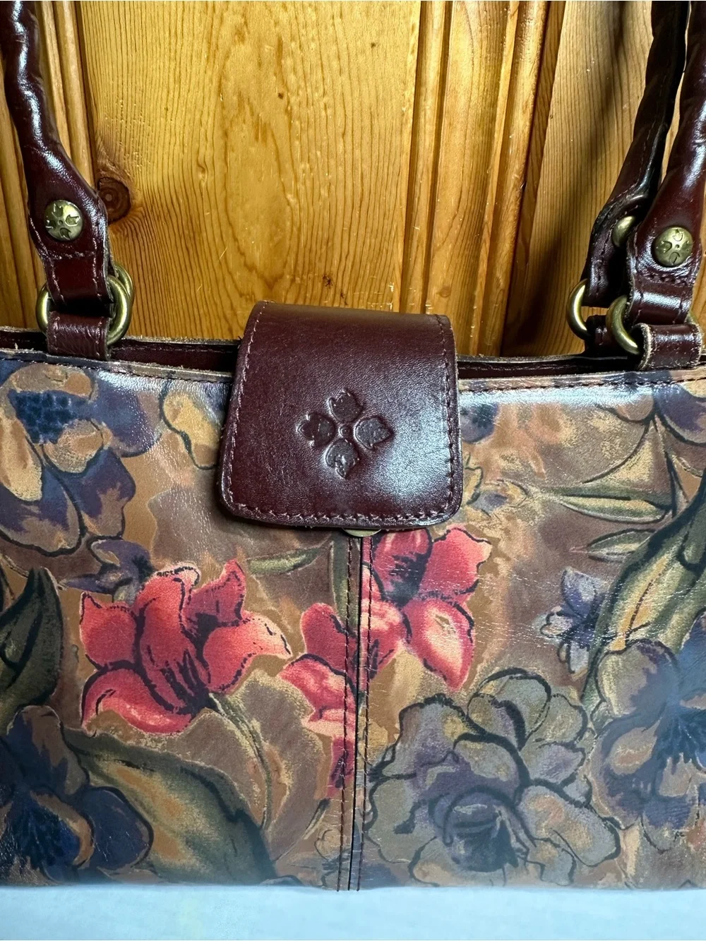 Patricia Nash Brown Hand-Painted Floral Shoulder Bag with Red Accents